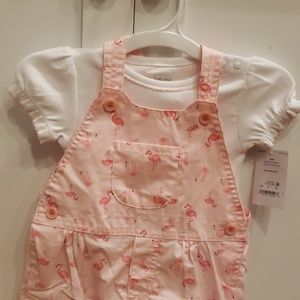 Flamingo Overalls w White Bodysuit w Pink Trim